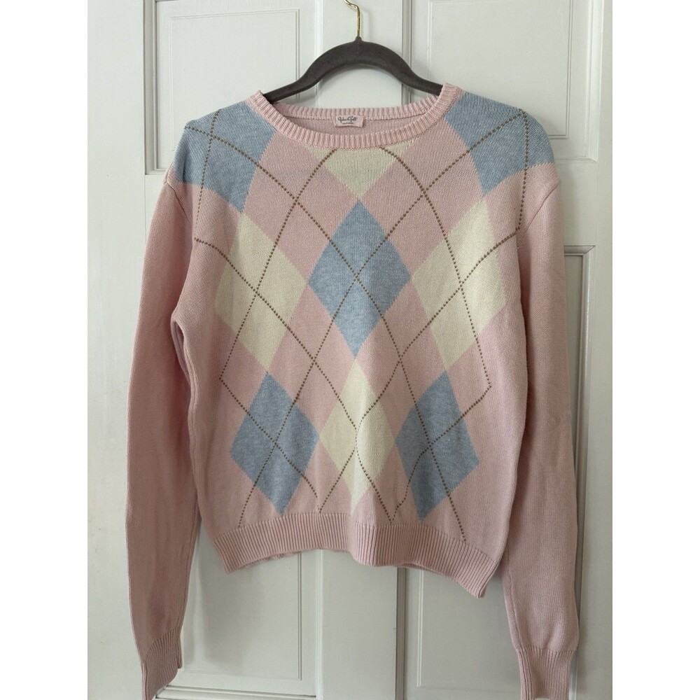 Brandy Melville John Galt Argyle Knit Crew Neck Sweater Women One Size Pink Blue